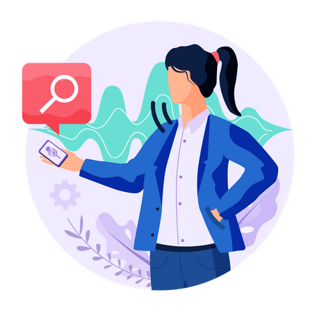 Girl giving command to voice assistant app Illustration