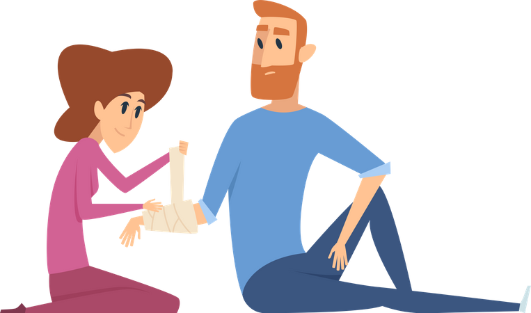 Girl giving first aid to man  Illustration
