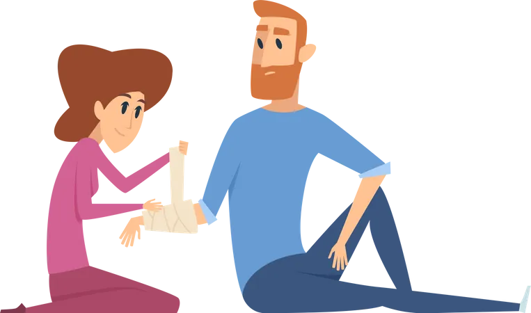 Girl giving first aid to man Illustration
