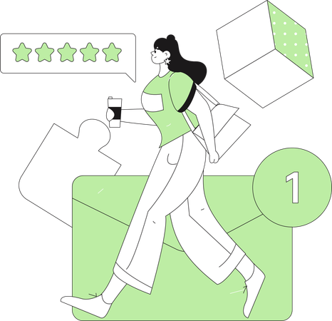 Girl giving five stars rating using mobile  Illustration