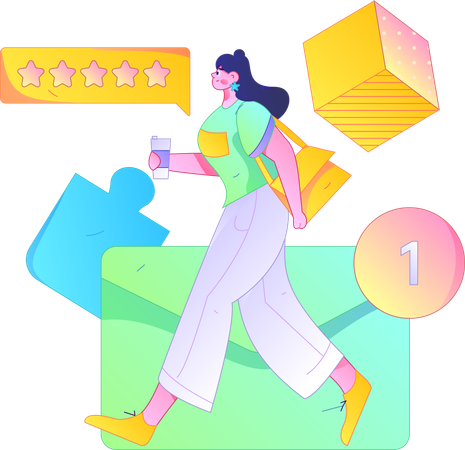 Girl giving five stars rating using mobile  Illustration