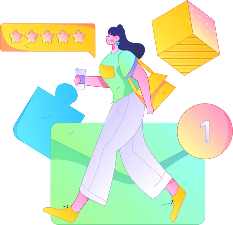 Girl giving five stars rating using mobile  Illustration