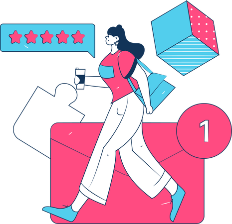 Girl giving five stars rating using mobile  Illustration