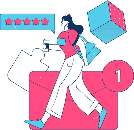 Girl giving five stars rating using mobile  Illustration