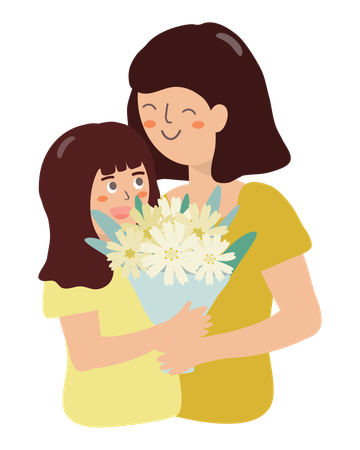Girl giving flower bouquets to mother  Illustration