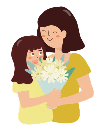 Girl giving flower bouquets to mother  Illustration