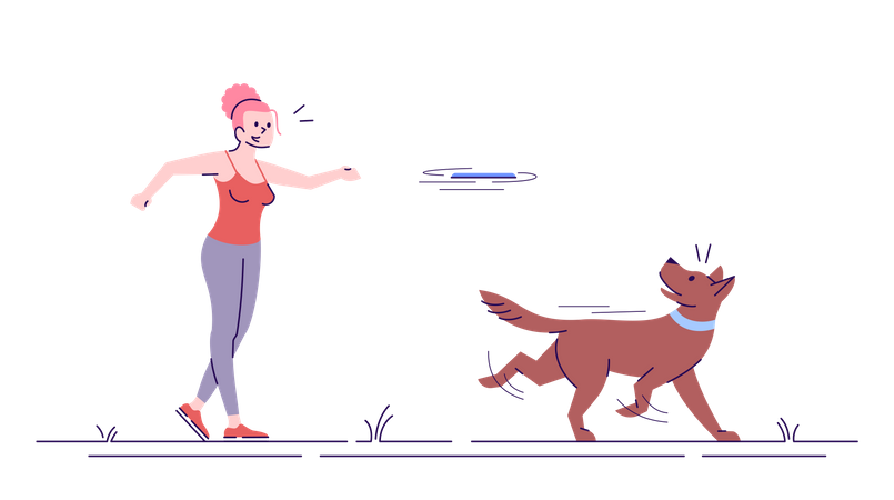 Girl giving flying dish training to dog Illustration