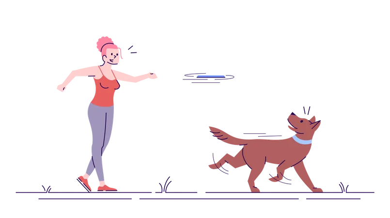Girl giving flying dish training to dog  Illustration
