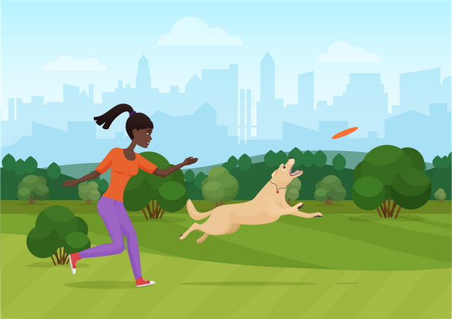 Girl giving flying dish training to dog  Illustration