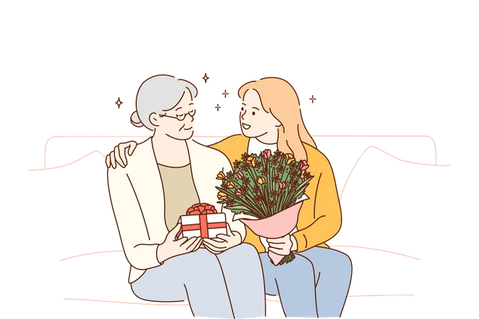 Girl giving gift and flower bouquet to grand mother  Illustration
