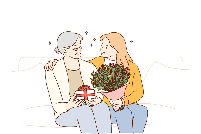 Girl giving gift and flower bouquet to grand mother  Illustration