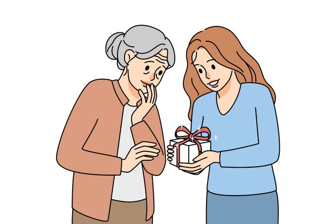 Girl giving gift to elder mother  Illustration