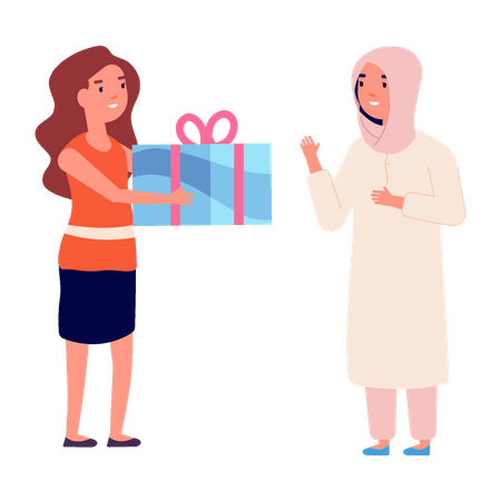 Girl giving gift to muslim friend Illustration