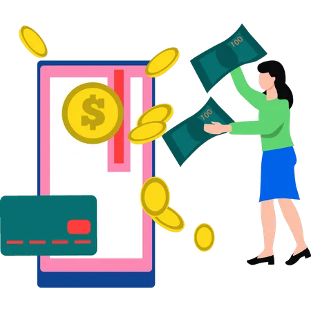 Girl giving money online on mobile  Illustration