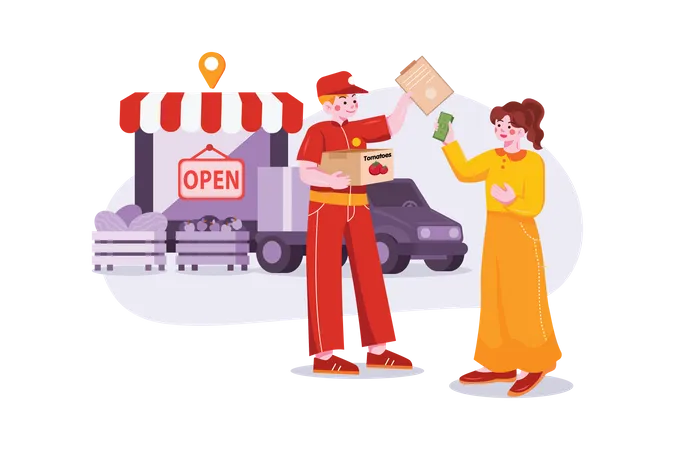Girl giving money to delivery boy for online grocery delivery Illustration
