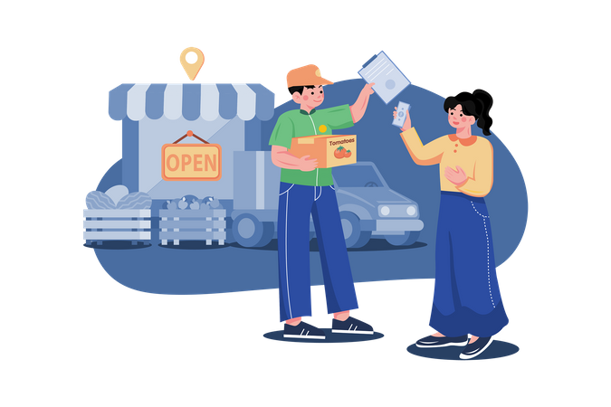 Girl giving money to delivery boy for online grocery delivery  Illustration