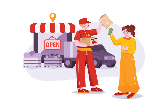 Girl giving money to delivery boy for online grocery delivery  Illustration