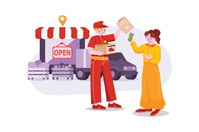 Girl giving money to delivery boy for online grocery delivery  Illustration