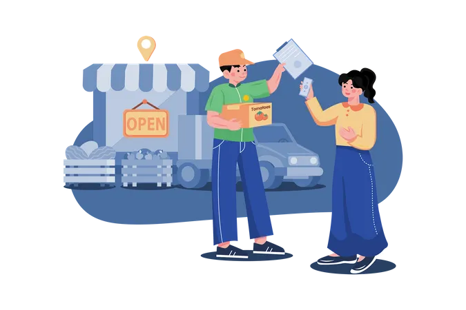 Girl giving money to delivery boy for online grocery delivery  Illustration