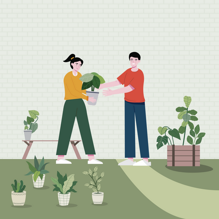 Girl giving plant pot to boy  Illustration