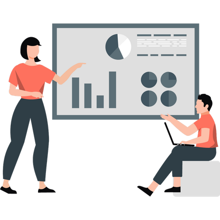 Girl giving presentation on pie charts  Illustration