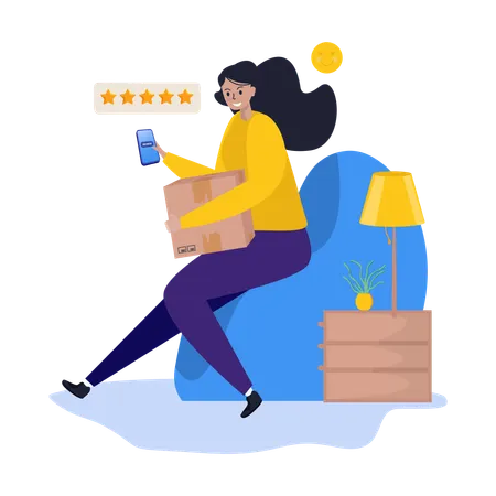 Illustration Customer Feedback With A Woman Giving Review And Five Stars Rating Concept Illustration
