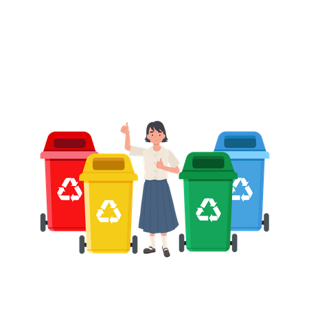 Girl giving thumb up while explaining about color of recycle bin  Illustration
