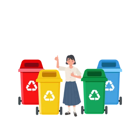 Kids With Recycling Garbage Girl Is Giving Thumb Up While Explaining About The Color Of Recycle Bin Illustration
