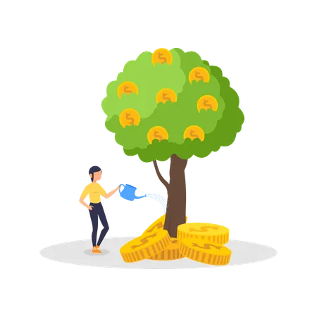 Girl giving water to money tree  Illustration