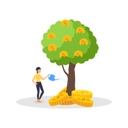 Girl giving water to money tree  Illustration