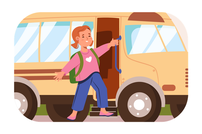 Girl go to school by school bus  Illustration