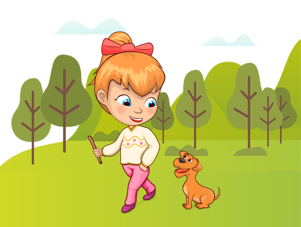 Girl goes for garden walk with her pet dog  Illustration