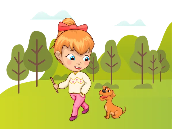 Girl goes for garden walk with her pet dog  Illustration