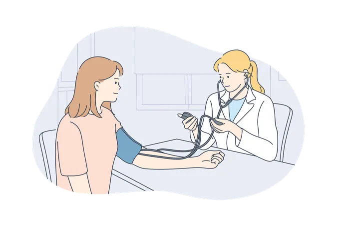 Healthcare Examination Medicine Concept Young Happy Woman Doctor Physician Medical Worker Cartoon Character Talks With Girl Patient Measuring Heart Rate At Hospital Health Checkup And Medical Care Illustration