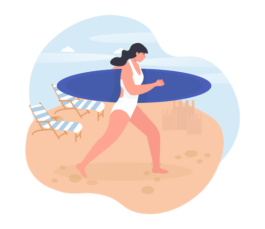 Girl going for surfing at beach Illustration