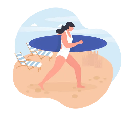 Girl going for surfing at beach  Illustration