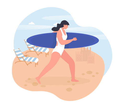 Girl going for surfing at beach  Illustration