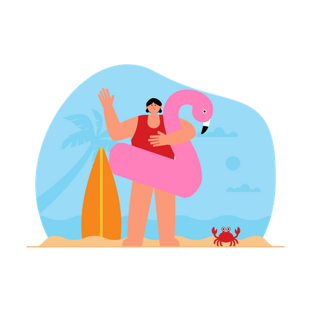 Girl going for swimming with flamingo balloon  Illustration