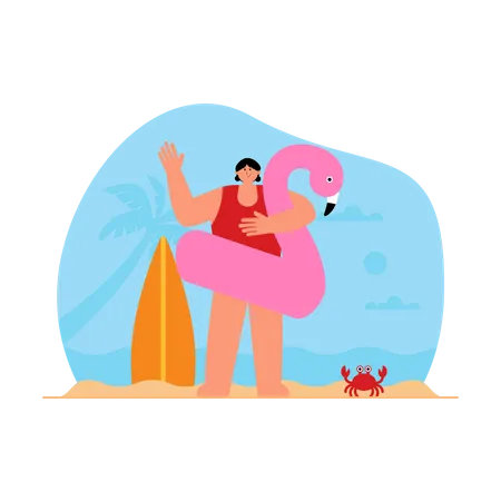 Girl going for swimming with flamingo balloon  Illustration