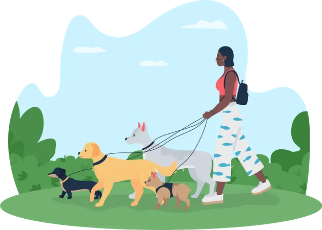 Girl going for walking with dogs Illustration