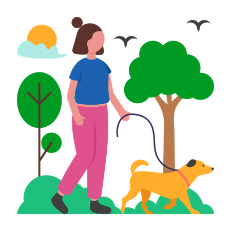 Girl going on Early Morning Dog Walking  Illustration