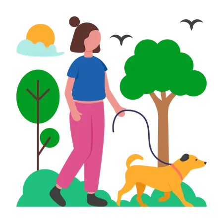 Girl going on Early Morning Dog Walking  Illustration