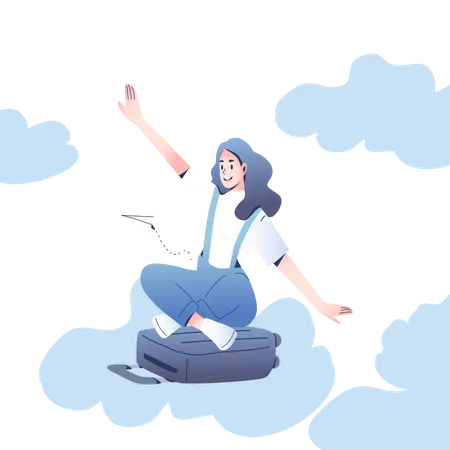 Abstract Cheerful Teenage Female Flying With Airplane Like Sitting On Soft Cloud In Cartoon Charactor Flat Vector Illustration Illustration
