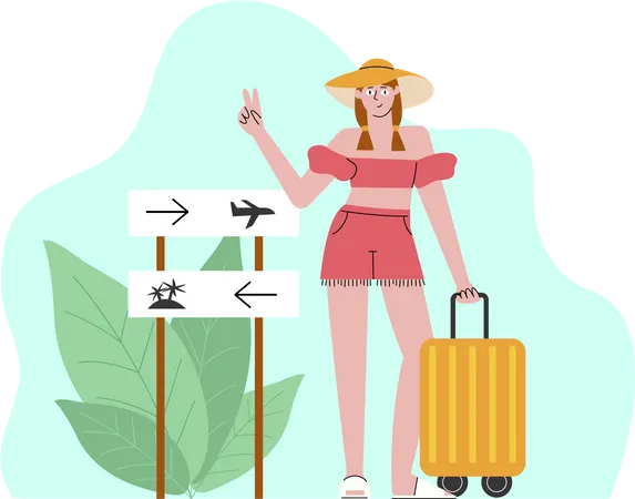 Flat Cartoony Character Hand Drawn Woman With Suitcase And And Wearing A Hat Goes From The Airport To The Beach Happy Holiday And Enjoy Life Illustration