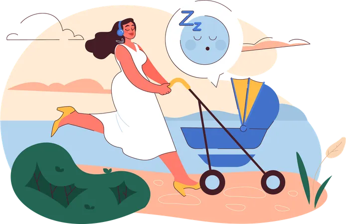 Girl going out with baby stroller  Illustration