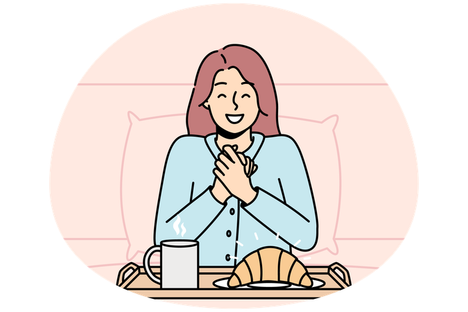 Girl going to eat croissant and coffee in bed in morning  Illustration