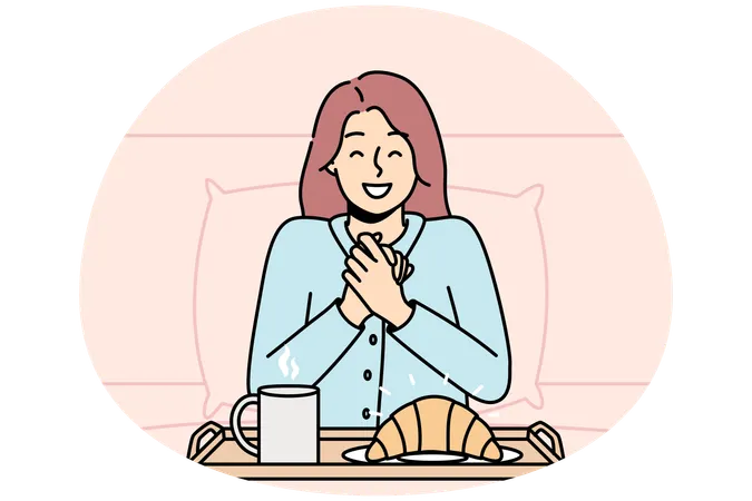 Girl going to eat croissant and coffee in bed in morning  Illustration