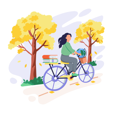 Girl going to school by cycle  Illustration