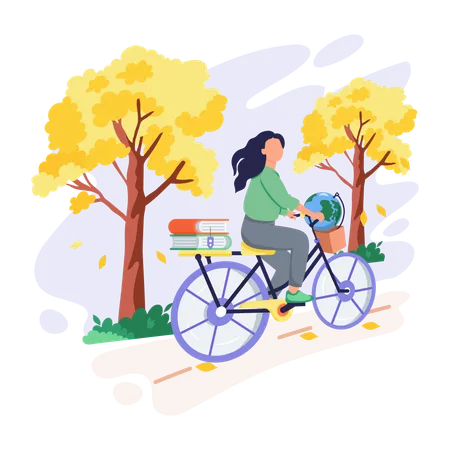 Girl going to school by cycle  Illustration