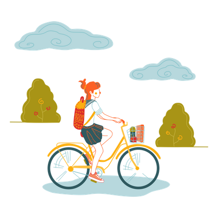 Girl going to school on bicycle  Illustration